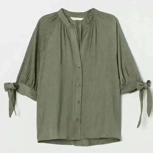 H&M olive striped blouse with tie sleeves Size 6